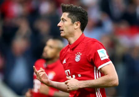 Football Soccer - Bayern Munich v Borussia Dortmund - Bundesliga - Allianz Arena, Munich, Germany - 8/4/17 Bayern Munich's Robert Lewandowski celebrates scoring their fourth goal Reuters / Michael Dalder Livepic