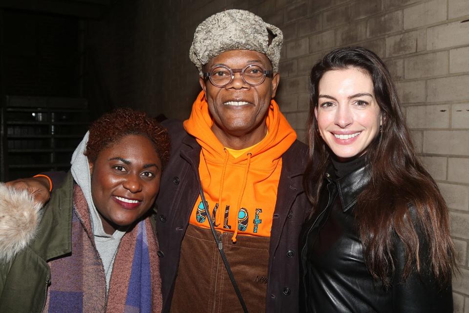 (L-R) Danielle Brooks, Samuel L. Jackson and Anne Hathaway pose backstage at the play "The Piano Lesson" on Broadway at The Barrymore Theater January 18, 2023 in New York City.