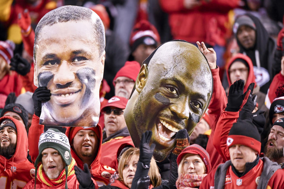 <p>Fans hold up large head photos of Kansas City Chiefs cornerback Marcus Peters and Kansas City Chiefs outside linebacker Justin Houston during play against the Tennessee Titans on Saturday, Jan. 6, 2018, during the AFC Wild Card playoff game at Arrowhead Stadium in Kansas City, Mo. The Titans advanced, 22-21. (David Eulitt/Kansas City Star/TNS) </p>