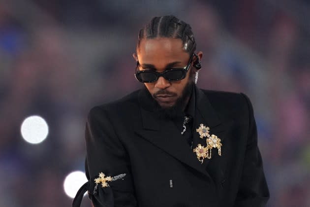 Kendrick Lamar performing in the Pepsi Super Bowl LVI Halftime Show at SoFi Stadium in Inglewood, California, in 2022 - Credit: Cooper Neill/Getty Images