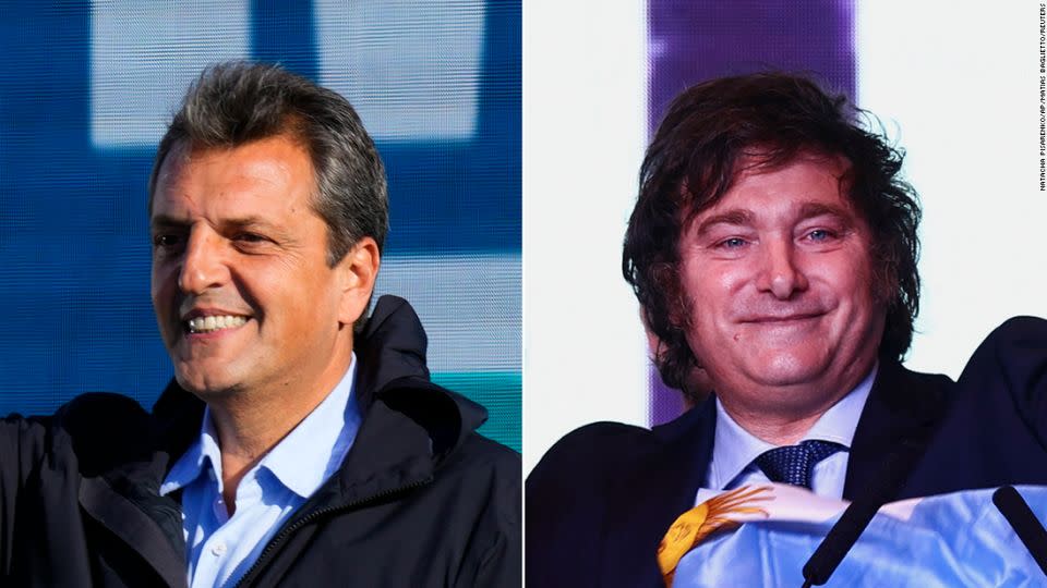 Left: Argentina's current Economic Minister and left-wing presidential candidate Sergio Massa; right: far-right libertarian presidential candidate Javier Milei. - Natacha Pisarenko/AP/Matias Baglietto/Reuters