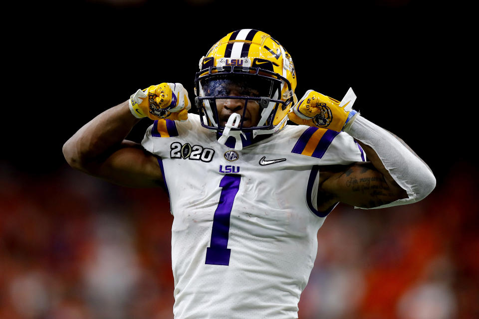 NEW ORLEANS, LOUISIANA - JANUARY 13: Ja'Marr Chase #1 of the LSU Tigers reacts after a catch against the Clemson Tigers in the College Football Playoff National Championship game at Mercedes Benz Superdome on January 13, 2020 in New Orleans, Louisiana. (Photo by Jonathan Bachman/Getty Images)