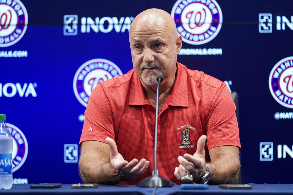 Washington Nationals general manager Mike Rizzo speaks with reporters about the team's recent trades before a baseball game against the New York Mets at Nationals Park, Tuesday, Aug. 2, 2022, in Washington. (AP Photo/Alex Brandon)