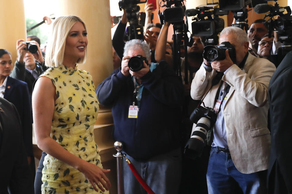 Ivanka Trump, President Donald Trump's daughter and White House adviser, arrives at Presidential Palace in Asuncion, Paraguay, Friday, Sept. 6, 2019. Ivanka Trump is on her third stop of a South American trip to promote women's empowerment. (AP Photo/Jorge Saenz)