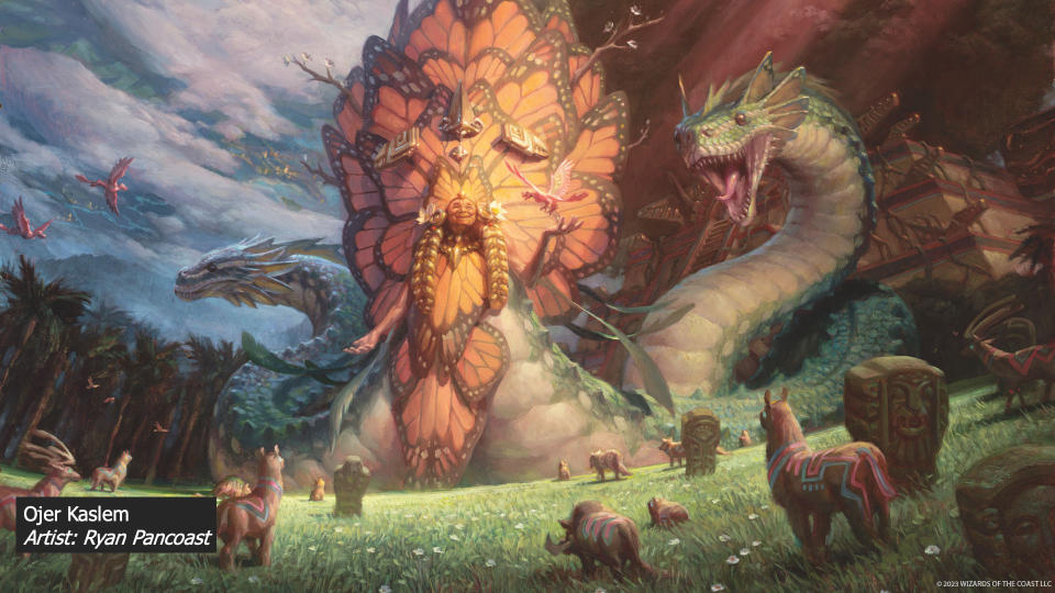 A god from the Lost Caverns of Ixalan stands over a field of animals, with a giant snake at their side