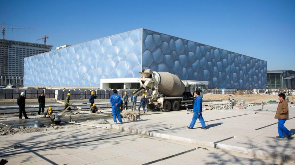 Construction on the Olympic swimming pool in Beijing in 2008