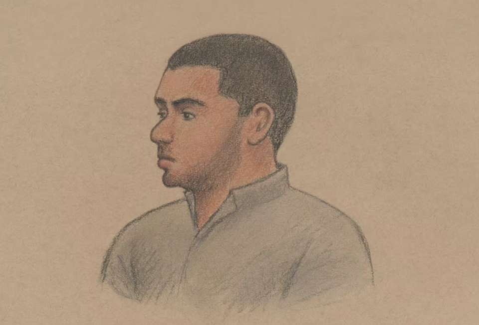 A court sketch of 19-year-old Febrio De-Zoysa, who has been charged with six counts of first-degree murder and one count of attempted murder. (Lauren Foster-MacLeod)