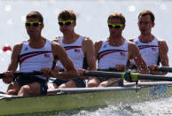 WINDSOR, ENGLAND - JULY 29: Anthony Fahden, William Newell, Nicholas La Cava and Robin Prendes of the United States compete in the Lightweight Men's Four heats on Day 2 of the London 2012 Olympic Games at Eton Dorney on July 29, 2012 in Windsor, England. (Photo by Alexander Hassenstein/Getty Images)