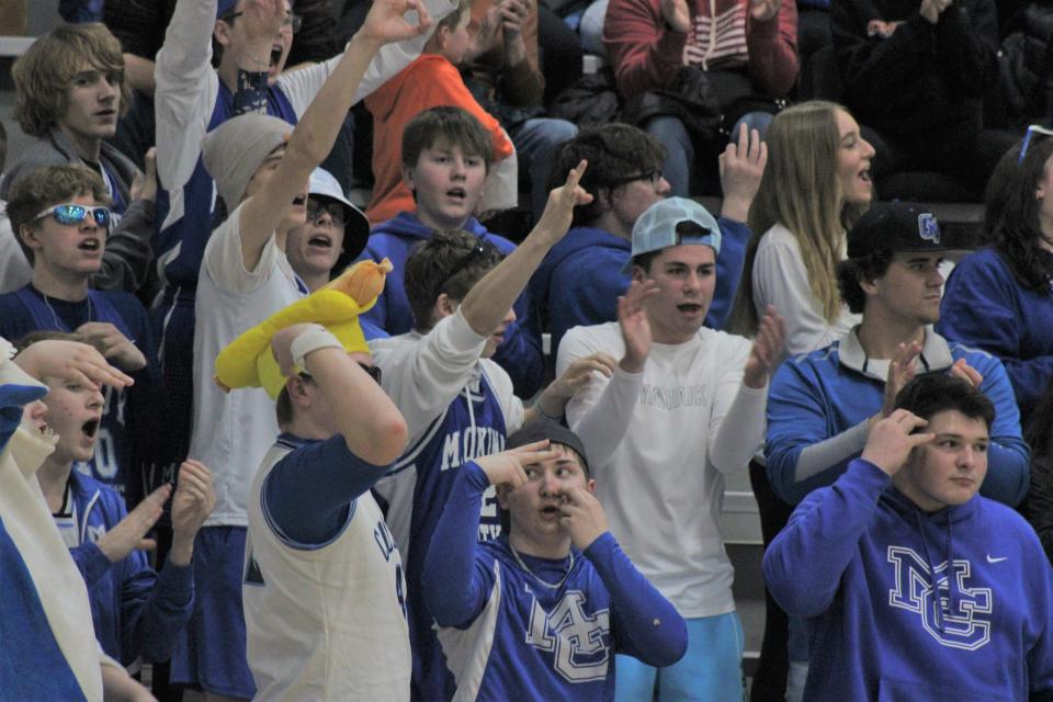 The Mackinaw City student section celebrates a basket during Friday night's girls basketball district clash against Cedarville.