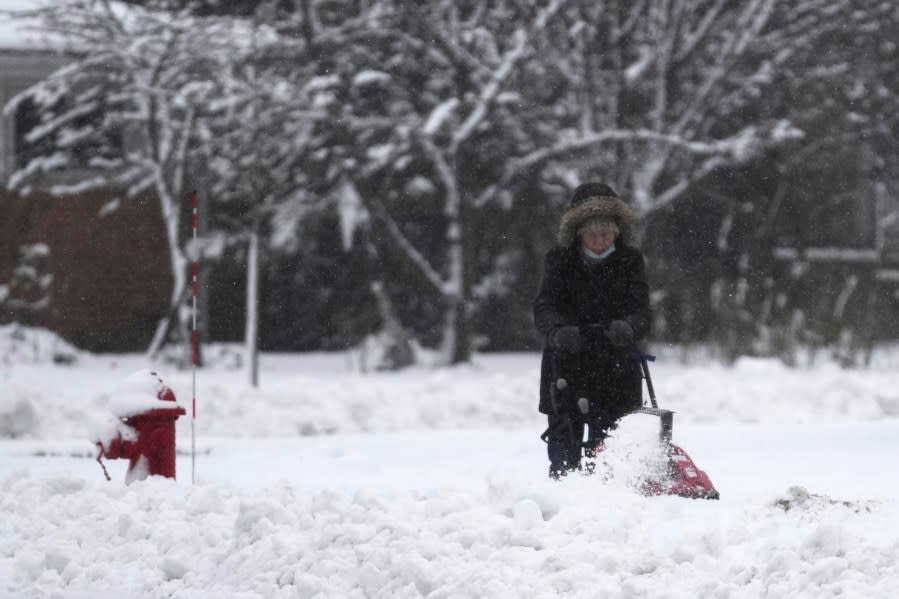 A woman cleans the snow off a walkway in front of a house in Wheeling, Ill., Friday, Jan. 12, 2024. (AP Photo/Nam Y. Huh)