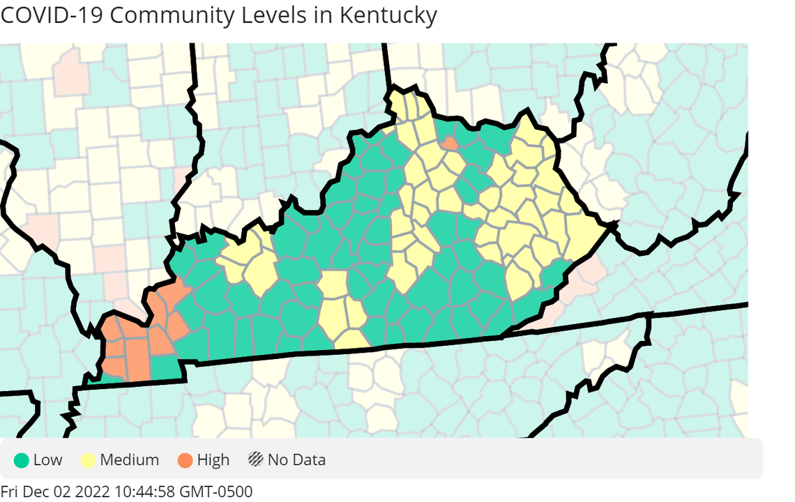 A map showing the latest COVID-19 community levels for each Kentucky county, as of Dec. 2, 2022.