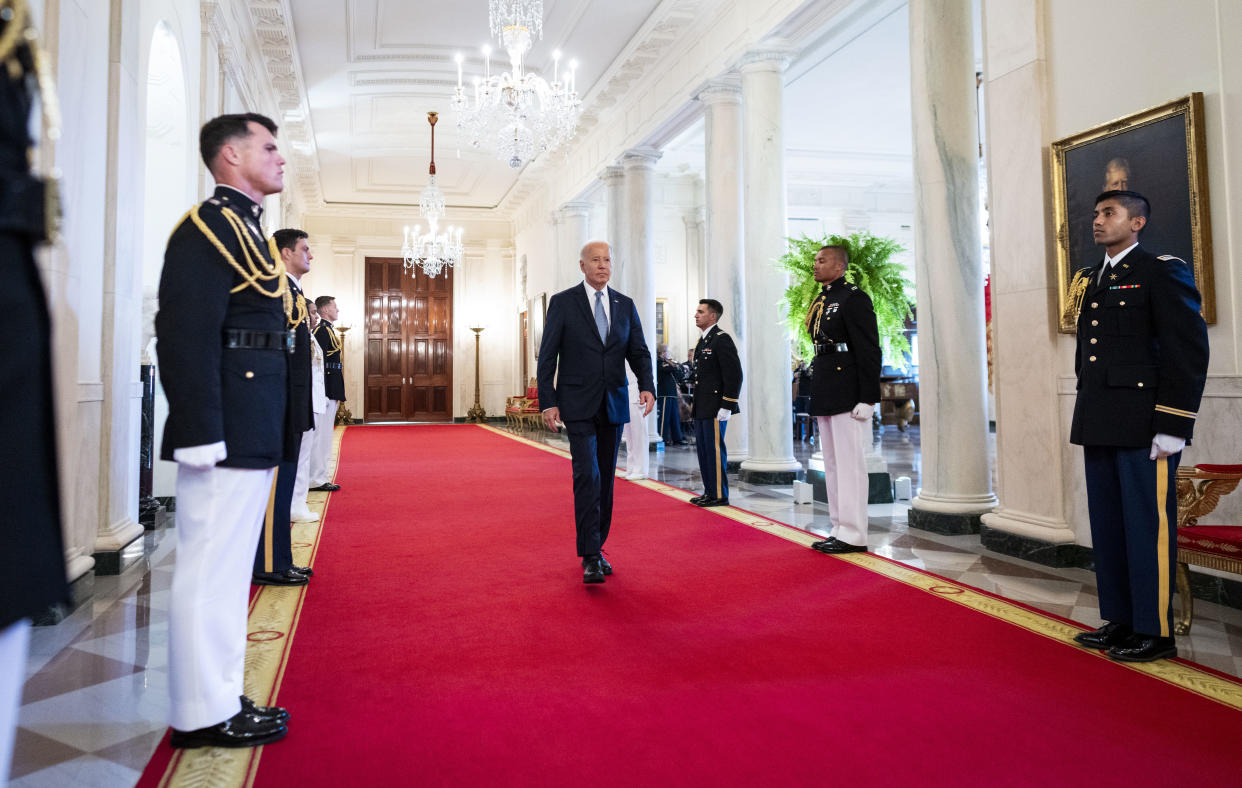 President Joe Biden arrives for a Medal of Honor ceremony at the East Room of the White House in Washington, July 3, 2024. (Doug Mills/The New York Times)