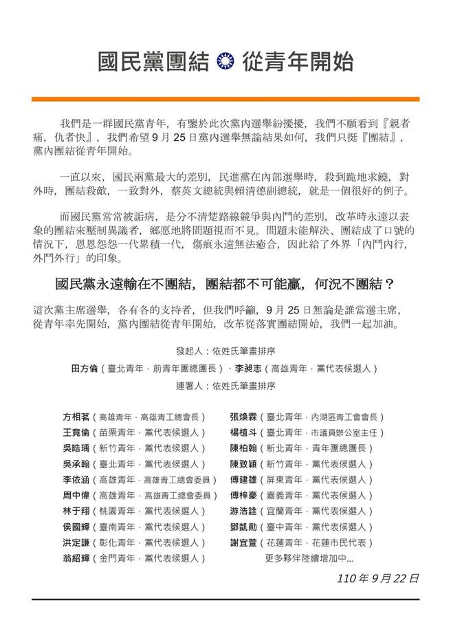 國民黨黨代表候選人李昶志、田方倫今（22）日以「國民黨團結，從青年開始」為主題，發起黨內青年團結聲明。（柯宗緯翻攝）