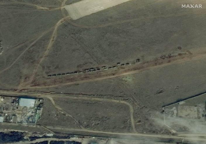 Overview shows military convoy near a garrison in Yevpatoria, Crimea, Feb. 15, 2022 (Satellite image &#xa9;2022 Maxar Technologies)