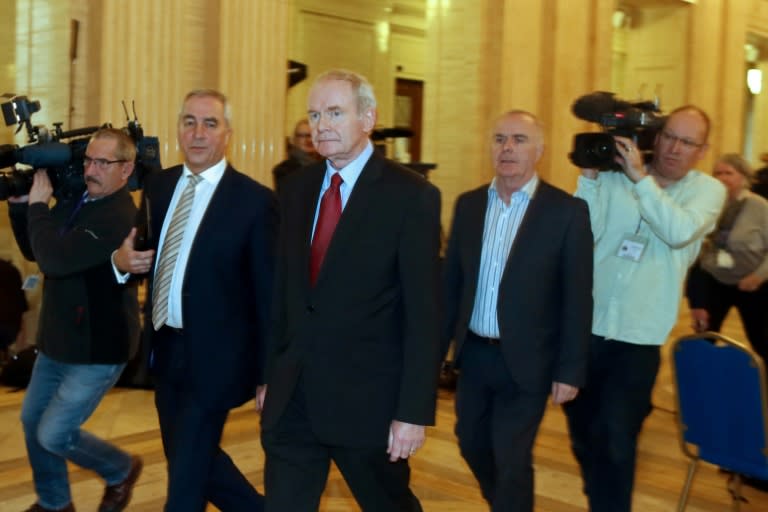 Former Deputy First Minister, Martin McGuinness (3rd L) leaves the Assembly chamber after the nationalist Sinn Fein party passed up its last chance to nominate a new Deputy First Minister in Belfast, Northern Ireland on January 16, 2017