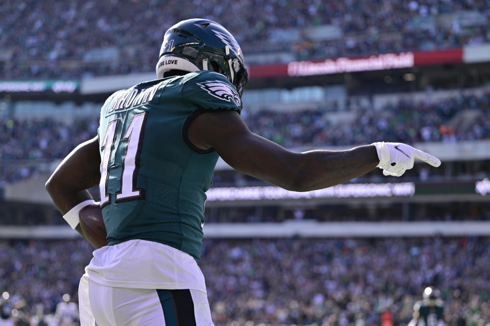 Philadelphia Eagles wide receiver A.J. Brown (11) celebrates his third touchdown reception during the first half of an NFL football game between the Pittsburgh Steelers and Philadelphia Eagles, Sunday, Oct. 30, 2022, in Philadelphia. (AP Photo/Derik Hamilton)