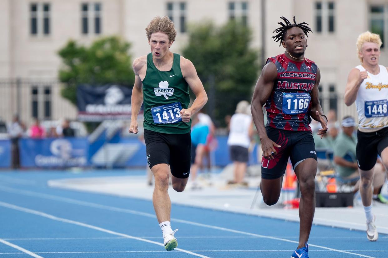 Trinity’s Hank Scherer competes in the boys 200 meter relay during the 3A Track and Field State Meet at The University of Kentucky Outdoor Track and Field Facility on Saturday, June 1, 2024.