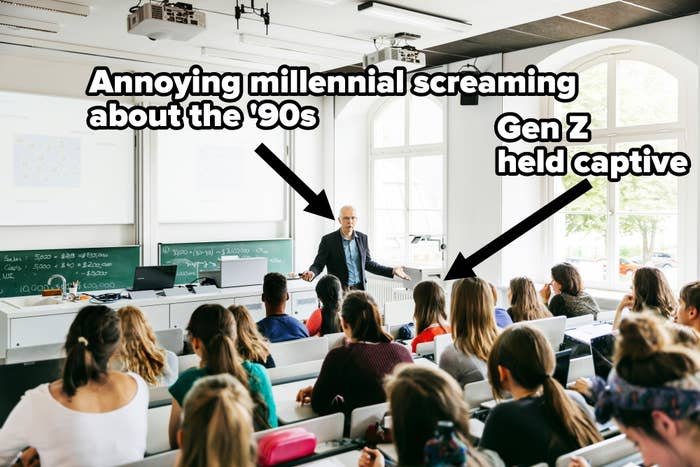Professor lecturing in a classroom filled with students, with the prof representing "annoying millennial screaming about the '90s" and the students repping "Gen Z held captive"