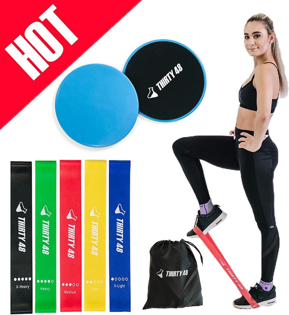 Find these Thirty48 Gliding Discs Core Sliders and 5 Exercise Resistance Bands for $13 on <a href="https://amzn.to/2wWQpnD" target="_blank" rel="noopener noreferrer">Amazon</a>.