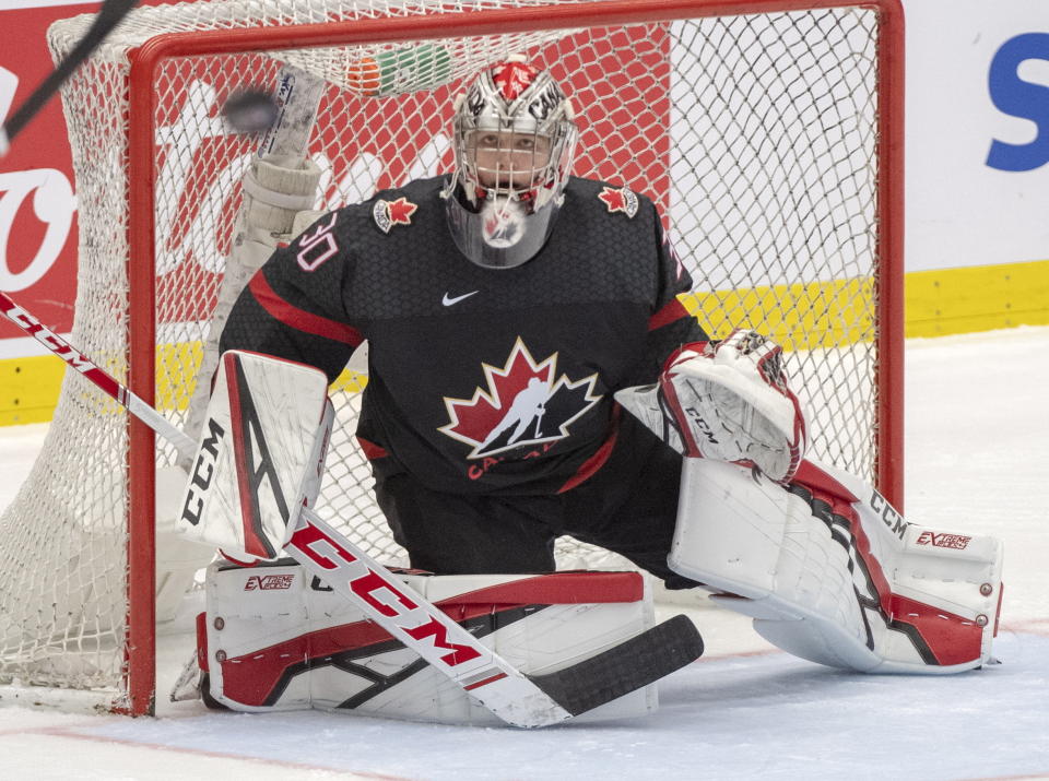 Canada goaltender Joel Hofer keeps his eyes on a loose puck during third period action against the Czech Republic at the World Junior Hockey Championships on Tuesday, Dec. 31, 2019 in Ostrava, Czech Republic. (Ryan Remiorz/The Canadian Press via AP)