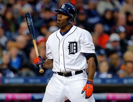 Oct 5, 2014; Detroit, MI, USA; Detroit Tigers right fielder Torii Hunter (48) reacts to a strike call against the Baltimore Orioles during the eighth inning in game three of the 2014 ALDS baseball playoff game at Comerica Park. Mandatory Credit: Rick Osentoski-USA TODAY Sports