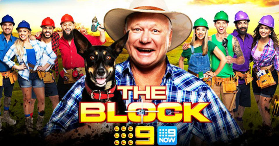 The Block Australia 2022 contestants and host Scott Cam, with the show's logo and Channel 9 Logo on top