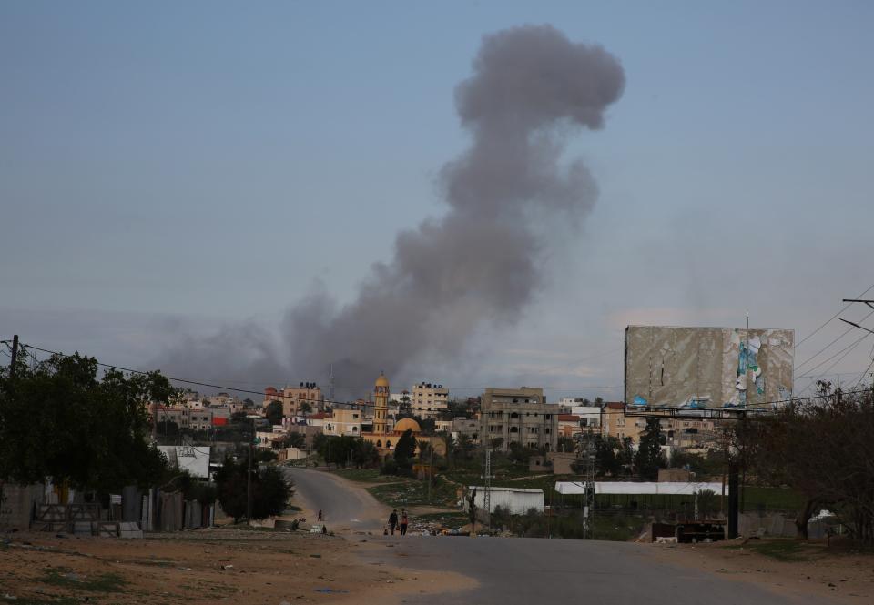 Smoke rises after Israeli bombings in the southern Gaza Strip city of Khan Younis, on Feb. 14, 2024.