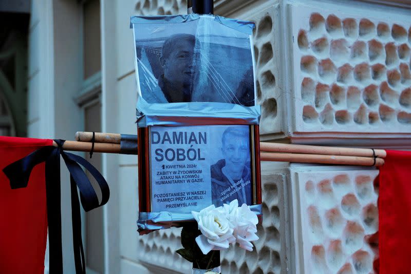 Mourners gather to hold a vigil for the Polish aid worker Damian Sobol who was killed by the Israeli army in Gaza, in Przemysl