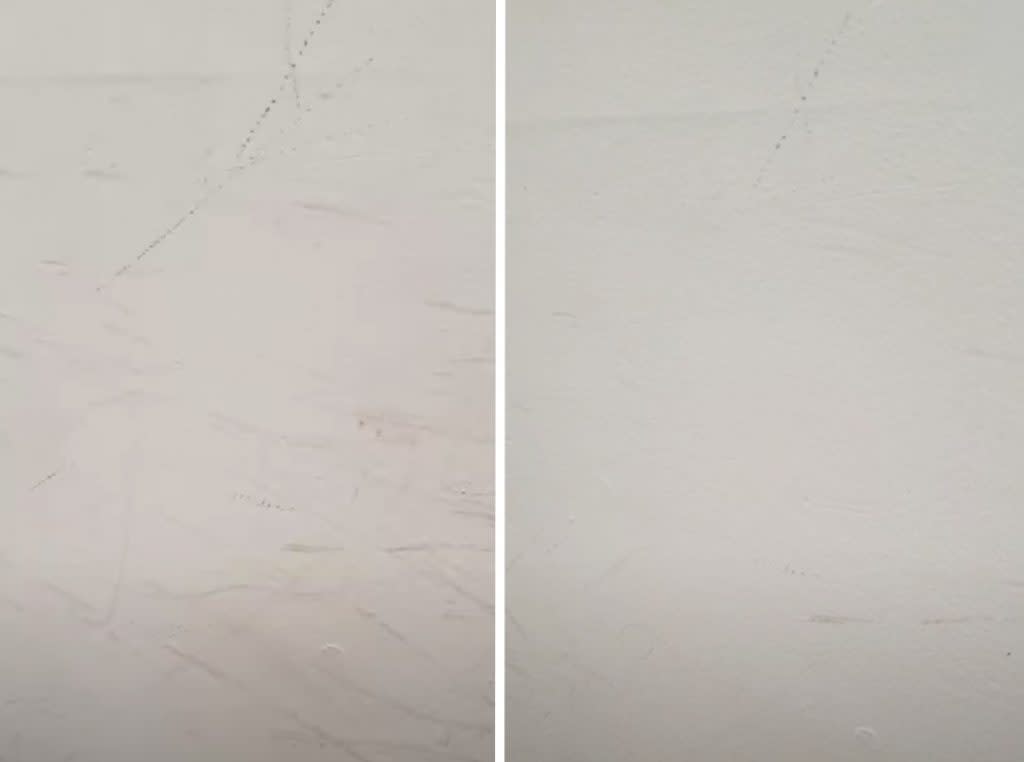 Before and after photos of my scuffed hallway wall. Credit: Katie Dupere for In The Know