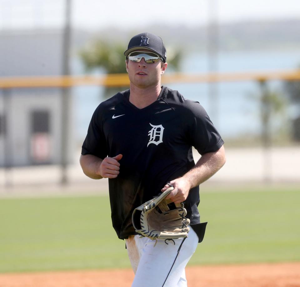 Detroit Tigers prospect Colt Keith runs to the next drill during spring training on Feb. 20 in Lakeland, Florida. Keith, a corner infielder and the Tigers' No. 4 prospect, will start the season with the Erie SeaWolves.