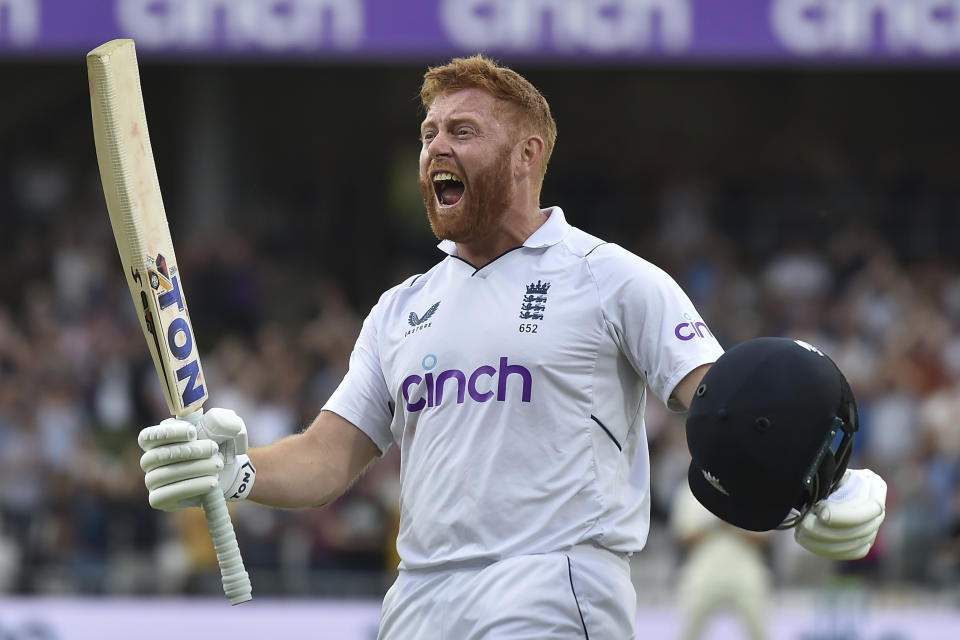 England's Jonny Bairstow celebrates scoring a century during the second day of the third cricket test match between England and New Zealand at Headingley in Leeds, England, Friday, June 24, 2022. (AP Photo/Rui Vieira)