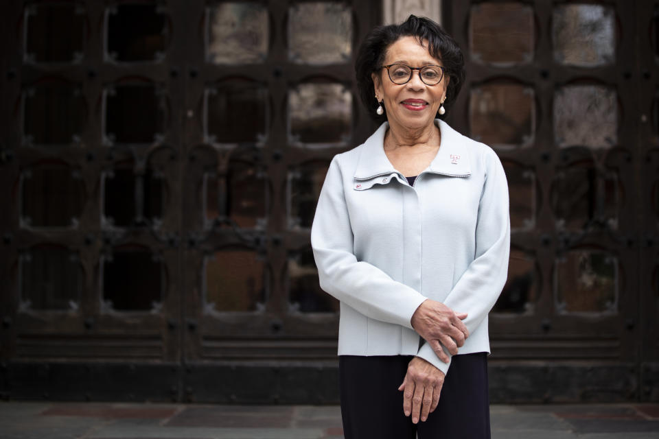 JoAnne Epps, a former Temple law school dean and provost, poses for a portrait on the Temple University campus in Philadelphia, April 11, 2023. Epps, acting president of Temple University, has died after collapsing at a memorial service Tuesday afternoon, Sept. 19, the university said. (Monica Herndon/The Philadelphia Inquirer via AP)