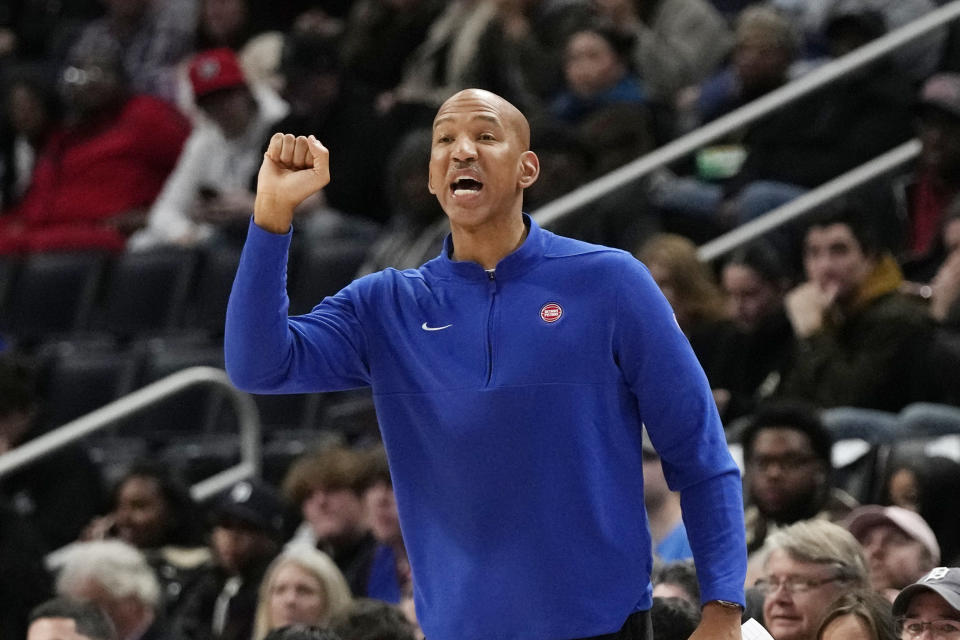 Detroit Pistons head coach Monty Williams signals from the sideline during the first half of an NBA basketball game against the Utah Jazz, Thursday, Dec. 21, 2023, in Detroit. (AP Photo/Carlos Osorio)