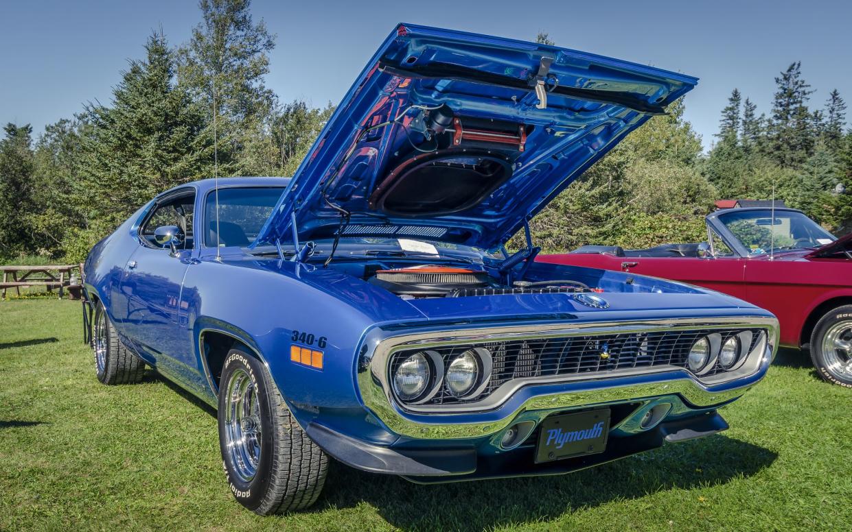Canning, Nova Scotia, Canada - September 23, 2018. 1971 Plymouth Road Runner muscle car on display at The Lookoff Campground Show & Shine in the Annapolis Valley region of Nova Scotia.