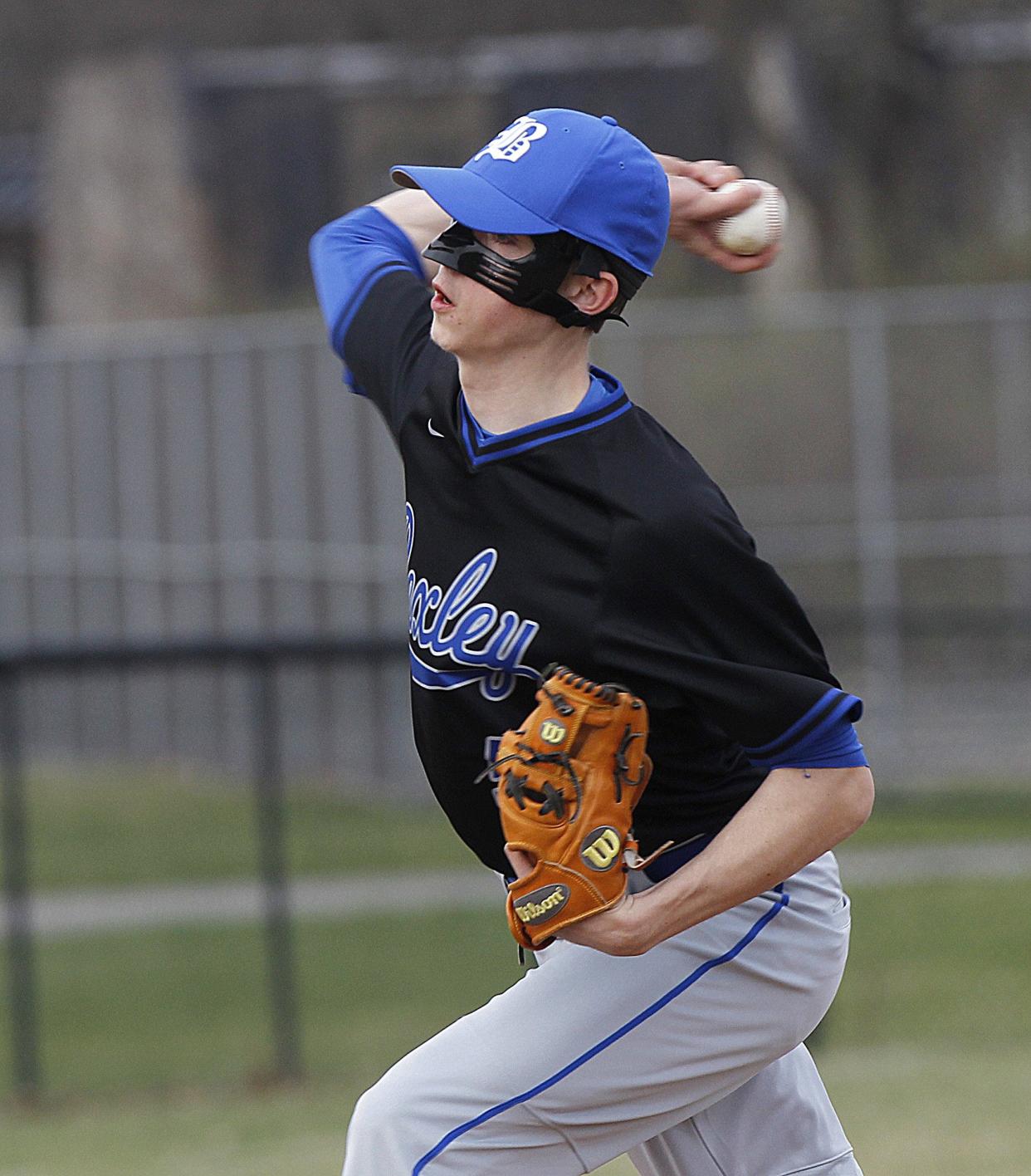 Bexley's Josiah Old delivers a pitch during a game at Reynoldsburg on March 30. Old combined with Stanford Brandt to no-hit Wellington on April 13. Entering play April 19, Bexley had pitched three no-hitters this season.