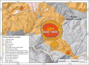 Geological map highlighting the 1.2km wide, 95th percentile magnetic anomaly at the Brezani target. The strongest magnetic response remains untested at depth, however correlates to Au in surface trenches, quartz vein bearing sericitized diorites and calc-silicate altered hornfels with elevated concentrations of proximal pathfinder elements (Bi-Te) from soil geochemistry. Distal zonation sees strong argillic alteration and a Zn-Mn geochemical halo. (Click here to view image)