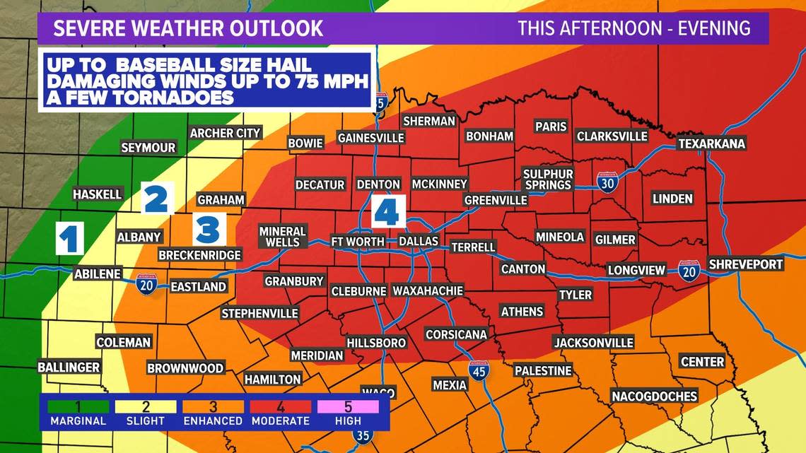 Most of North Texas will be in the Level 4 or moderate risk level for severe storms on Thursday, March 2, 2023, according to the National Weather Service.