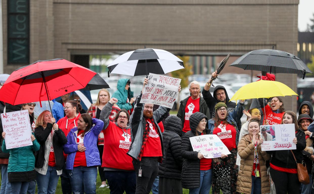 Salem-Keizer Public Schools superintendent Andrea Castaneda's announcement of about $30 million in planned cuts comes as the district heads into contract mediation with both its teacher’s union and its classified workers’ union.  Salem-Keizer Education Association members, above, rallied in early October over the contract negotiations.