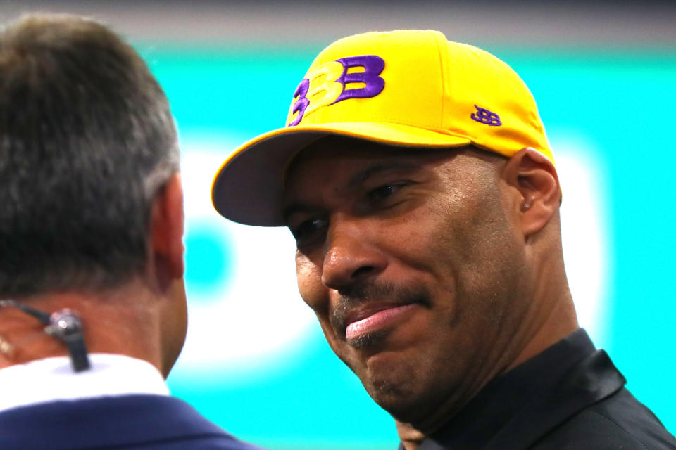 LaVar Ball speaks at the NBA draft, where the Los Angeles Lakers took his son, Lonzo Ball, No. 2 overall. (Getty)