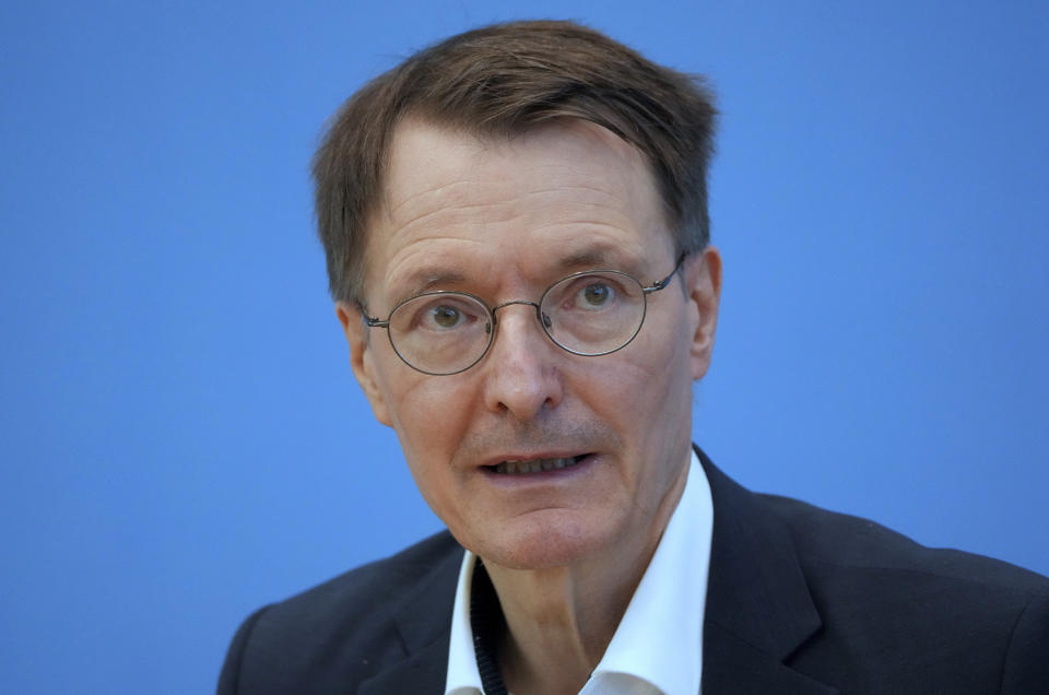 German Health Minister Karl Lauterbach addresses the media during a press conference in Berlin, Germany, Friday, Aug. 12, 2022 on the current Corona situation in Germany. (AP Photo/Michael Sohn)