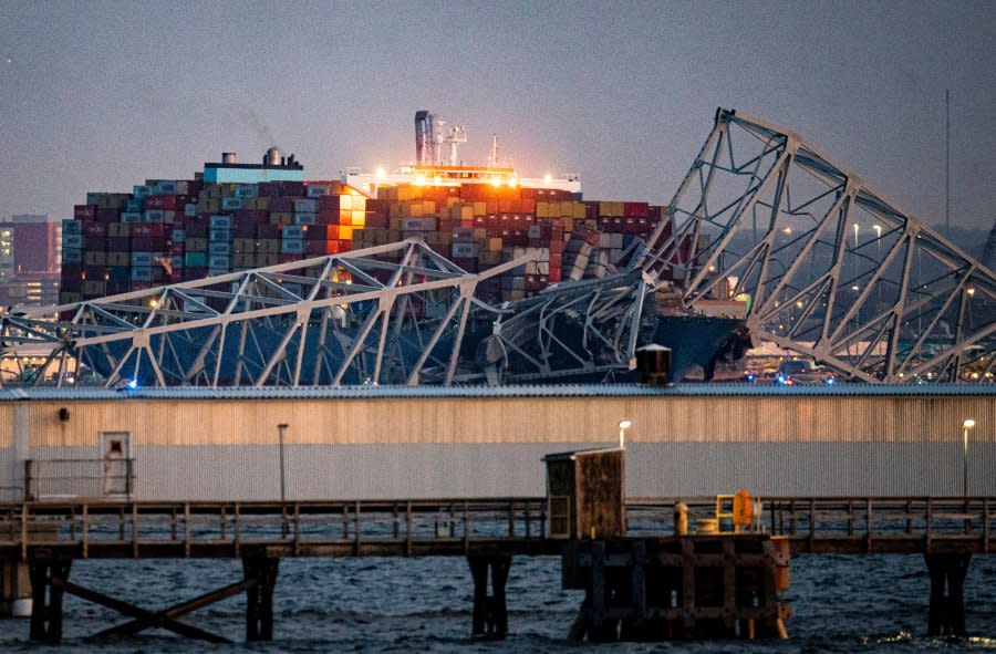 The Dali container vessel after striking the Francis Scott Key Bridge that collapsed into the Patapsco River in Baltimore, Maryland, US, on Tuesday, March 26, 2024. The commuter bridge collapsed after being struck by a container ship, causing vehicles to plunge into the water and halting shipping traffic at one of the most important ports on the US East Coast. Photographer: Al Drago/Bloomberg via Getty Images