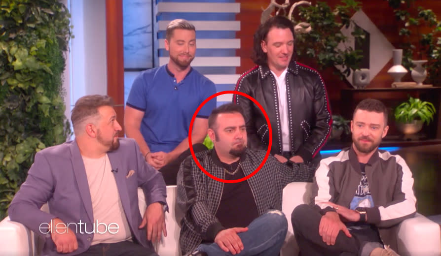 *NSYNC have appeared on the Ellen show and Chris Kirkpatrick seemed to find out about a group text with the rest of the world. Source: Ellen