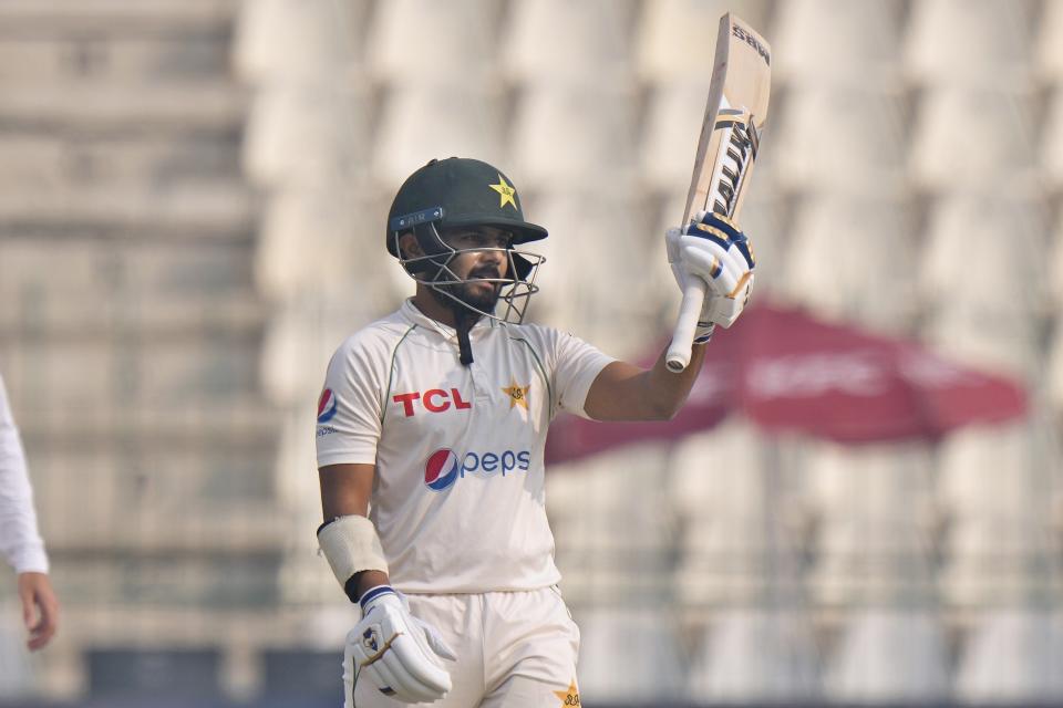 Pakistan Saud Shakeel celebrates after scoring fifty during the second day of the second test cricket match between Pakistan and England, in Multan, Pakistan, Saturday, Dec. 10, 2022. (AP Photo/Anjum Naveed)