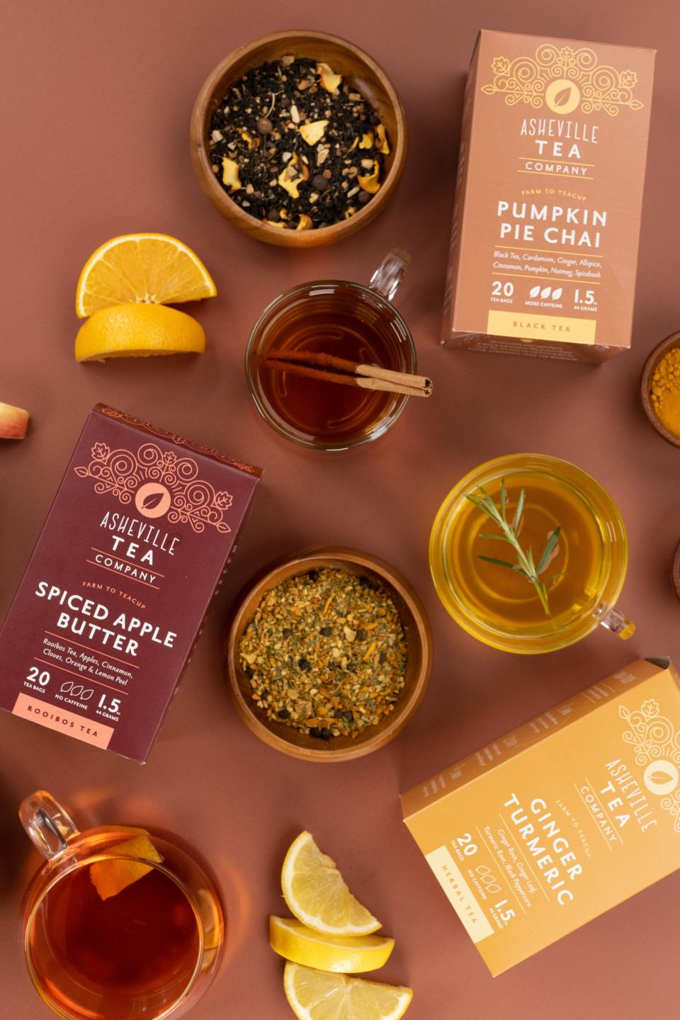 Asheville Tea Company's fall 2023 releases are Pumpkin Pie Chai, Ginger Tumeric and Spiced Apple Butter teas.