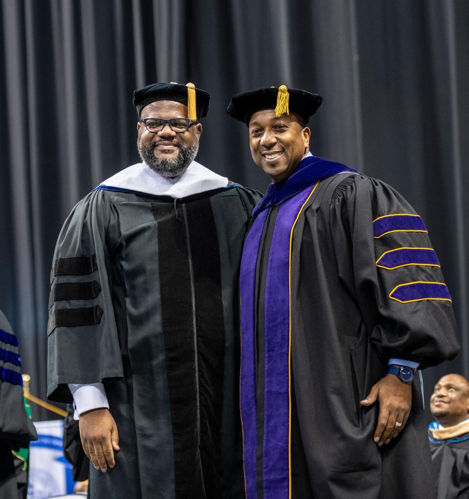 Fayetteville State University Chancellor Darrell T. Allison, right, with keynote speaker Nicholas M. Perkins, the Chairman, President and CEO of Perkins Management and Fuddruckers. Perkins is a Fayetteville native and 2003 graduate of Fayetteville State University. 