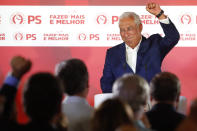 Portuguese Prime Minister and Socialist Party leader Antonio Costa celebrates after wining the Portugal election, in Lisbon Sunday night, Oct. 6, 2019. Portugal's center-left Socialist Party has collected the most votes in Sunday's general election, leaving it poised to continue in government for another four years. (AP Photo/Armando Franca)