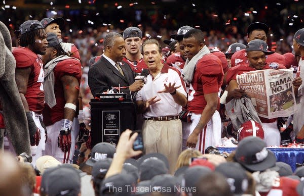 University of Alabama head Coach Nick Saban speaks after Alabama defeated LSU 21-0 at the 2011 BCS National Championship played at the Mercedes-Benz Superdome in New Orleans, Lousianam on Monday, Jan. 9, 2012.