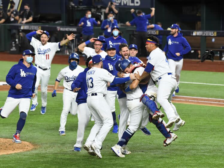 Dodgers players celebrate after winning the 2020 World Series