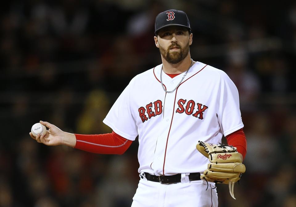 FILE = In this Sept. 9, 2018, file photo, Boston Red Sox's Heath Hembree reacts after giving up a two-run double to Houston Astros' Tyler White during the sixth inning of a baseball game in Boston. The team os auditioning Matt Barnes, Hembree, Ryan Brasier and Tyler Thornburg to replace relief and closing pitchers who have left the team. (AP Photo/Michael Dwyer, File)