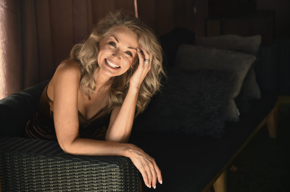 HOLD FOR STORY — Model Kathy Jacobs, who has made her Sports Illustrated swimsuit issue debut at age 56, poses for a portrait at her home, Friday, July 17, 2020, in Calabasas, Calif. (AP Photo/Chris Pizzello)